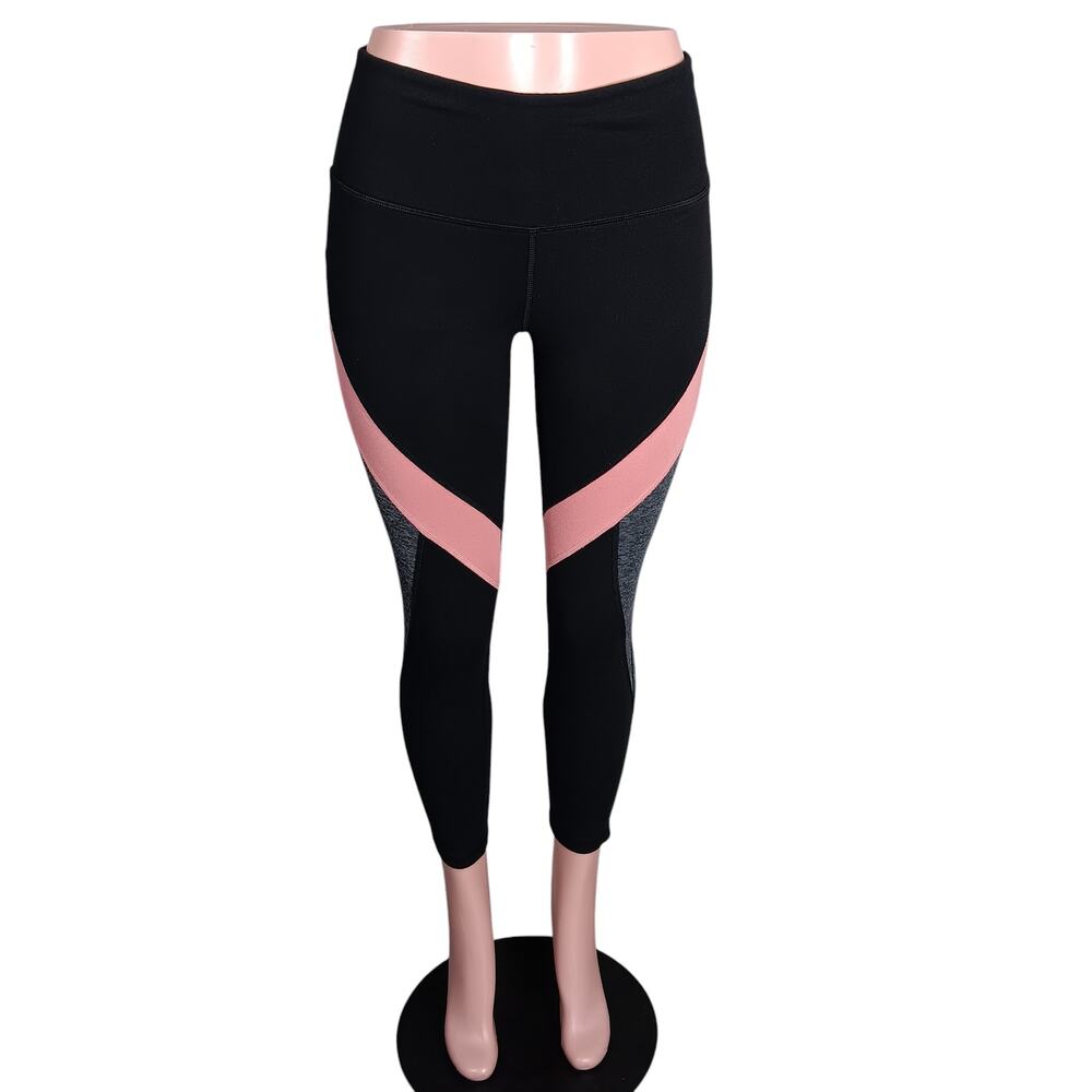 Rainbeau Cropped Leggings Size Medium Colorblock Black Pink and Gray High Rise